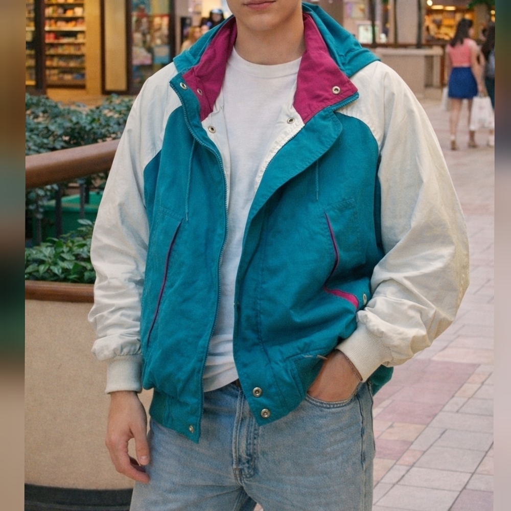 PA Originals Vintage 80s 90s Teal Pink Hooded Windbreaker Jacket sz M